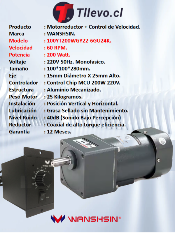Motorreductor+Control Velocidad 220V_200W_60RPM