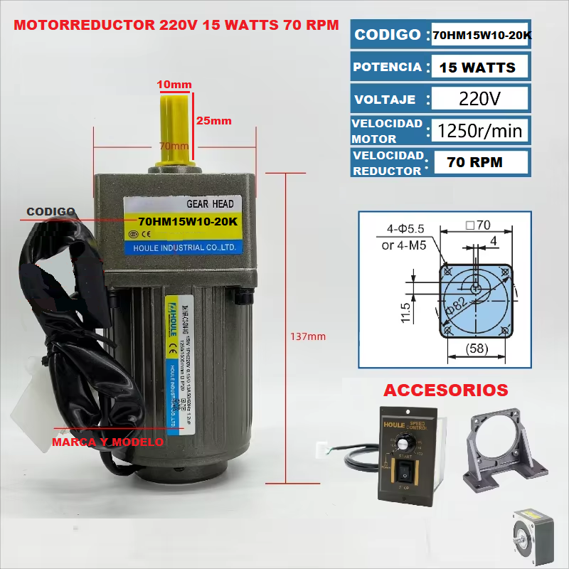 Motorreductor 220V 15 Watt 70RPM
