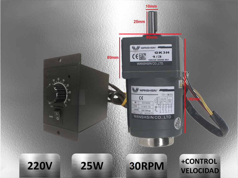 Motorreductor 220V 25 Watt 30rpm+Control Velocidad