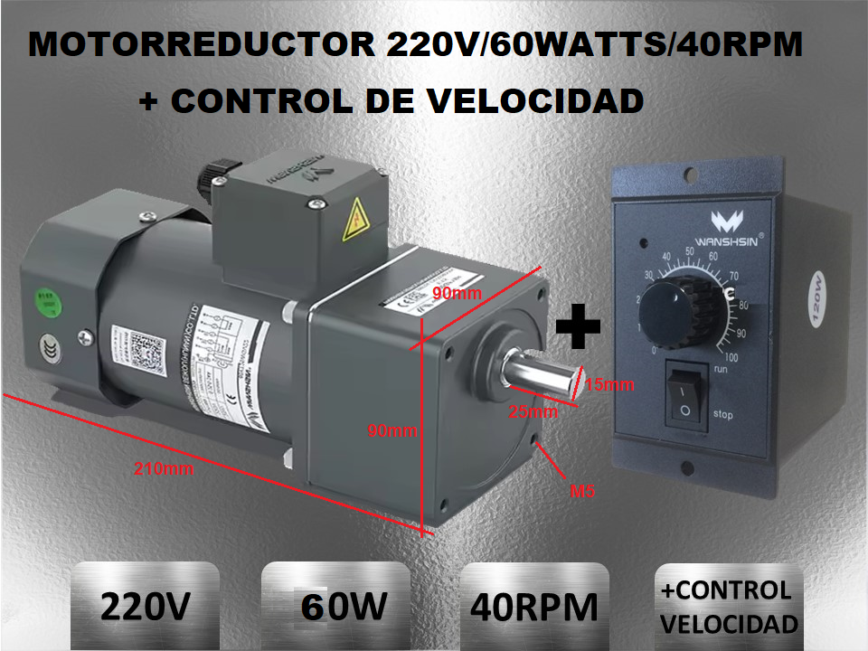 Motorreductor 220V 60Watt 40rpm+Control Velocidad