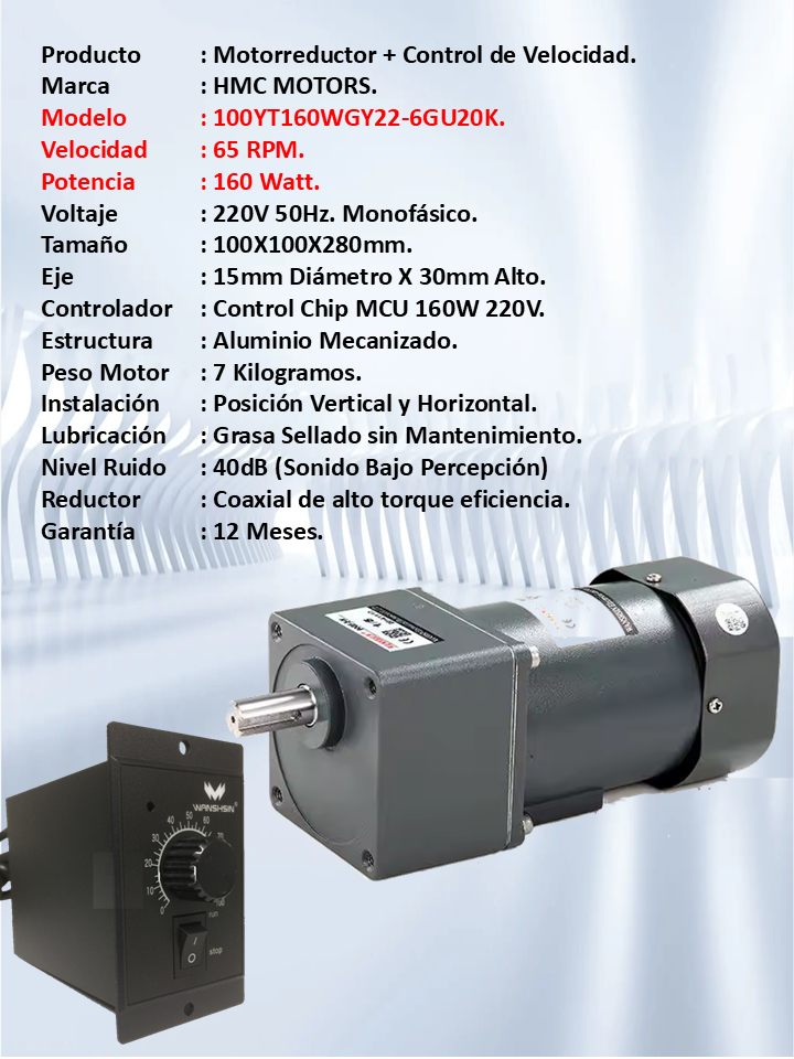 Motorreductor 220V 160 Watt 65rpm+Control Velocidad