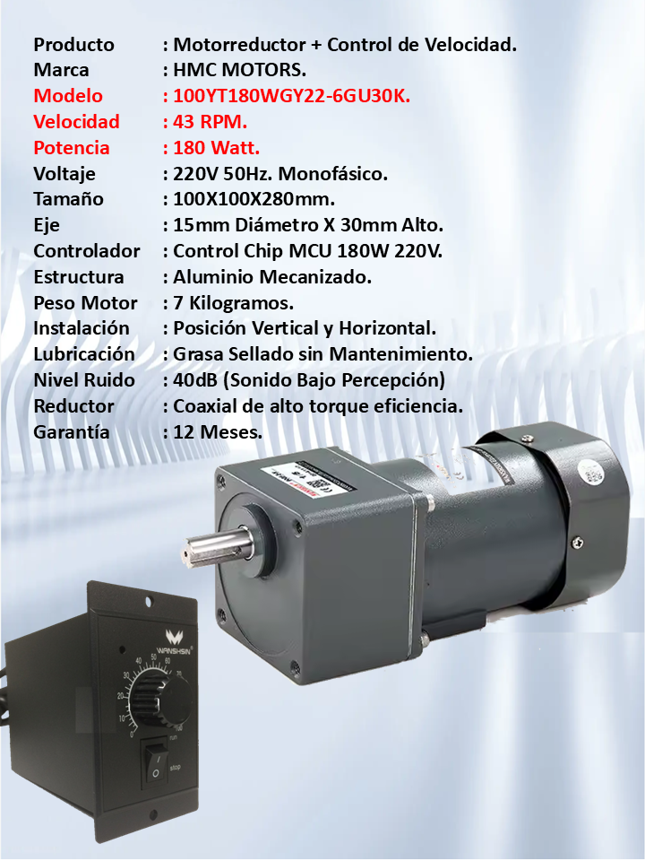 Motorreductor 220V 180 Watt 40rpm+Control Velocidad