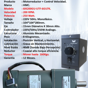 Motorreductor 220V 250Watt 200rpm+Control Velocidad