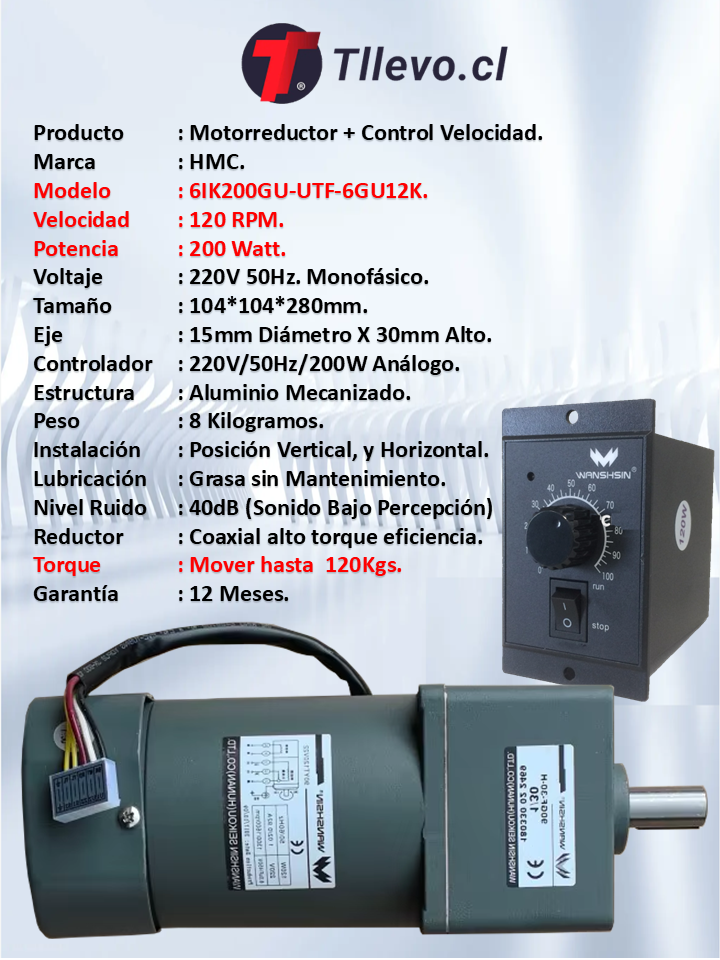 Motorreductor 220V 200Watt 120rpm+Control Velocidad